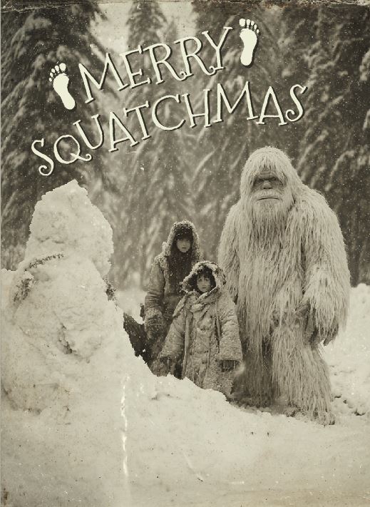Merry Squatchmas Card – Winter Yeti Family Snow Day (Slocan Valley, BC)